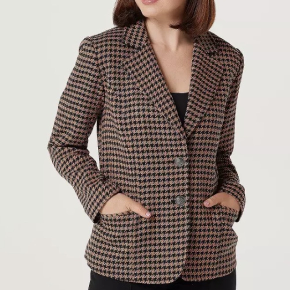 Joan Rivers woman’s brown black houndstooth blazer Jacket two button closure